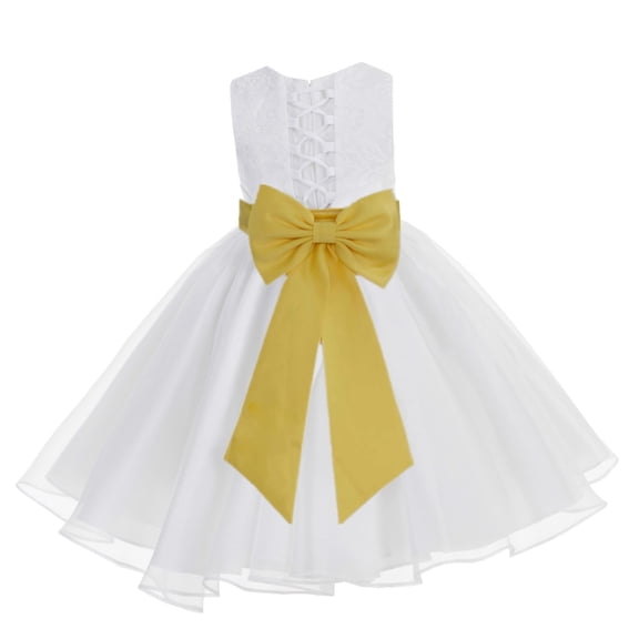 Ekidsbridal Girl Bridesmaid Flower Girl Dress - White Lace Corset Organza with Tiebow 186noFT-A (Size: M-10)