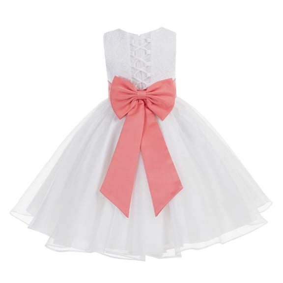 Ekidsbridal Girl Bridesmaid Flower Girl Dress - White Lace Corset Organza with Tiebow 186noFT-A (Size: M-10)