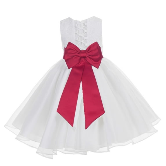 Ekidsbridal Girl Bridesmaid Flower Girl Dress - White Lace Corset Organza with Tiebow 186noFT-A (Size: M-10)