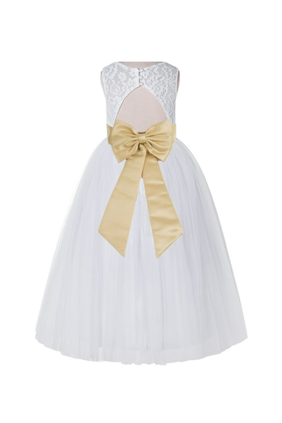 Girl Bridesmaid Flower Girl Dress - White Lace Dress with Keyhole Back 178T-A (Size: 2-12)