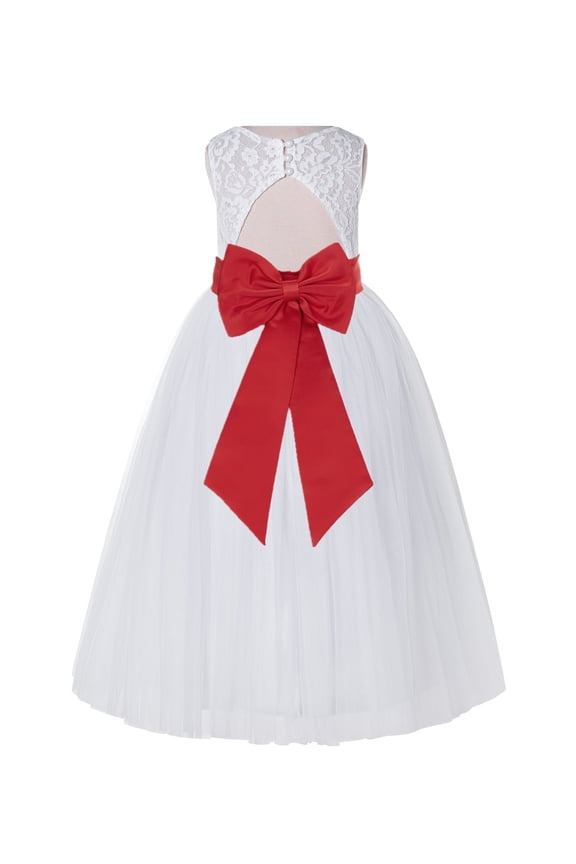 Girl Bridesmaid Flower Girl Dress - White Lace Dress with Keyhole Back 178T-A (Size: 2-12)