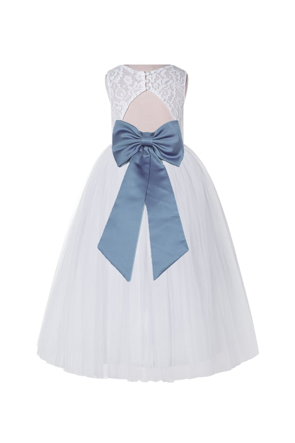 White Lace Tulle Keyhole Back Girl Dresses with Colored Sash Wedding Pageant Junior Bridesmaid 178T 2