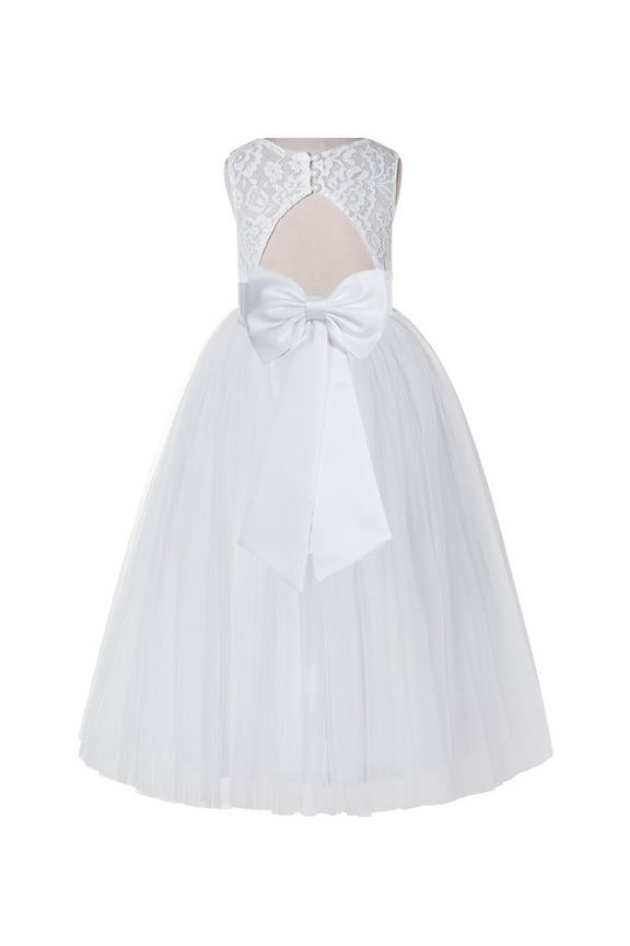 Girl Bridesmaid Flower Girl Dress - White Lace Dress with Keyhole Back 178T-A (Size: 2-12)