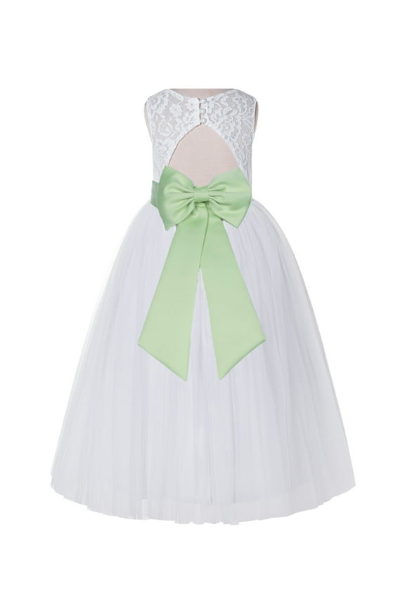 Girl Bridesmaid Flower Girl Dress - White Lace Dress with Keyhole Back 178T-A (Size: 2-12)