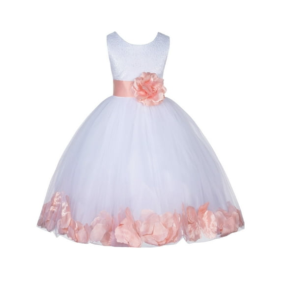 Ekidsbridal Girl Bridesmaid Flower Girl Dress - White Lace Tulle with Floral Petals 165S-A (Size: S-12)