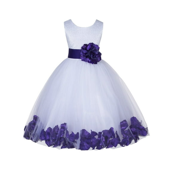 Ekidsbridal Girl Bridesmaid Flower Girl Dress - White Lace Tulle with Floral Petals 165S-A (Size: S-12)