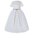 thumbnail image 1 of Ekidsbridal Girl Bridesmaid Flower Girl Dress - White Short Sleeves Lace Tulle with Rhinestone Ribbon LG2R2-A (Size: 2-12), 1 of 3