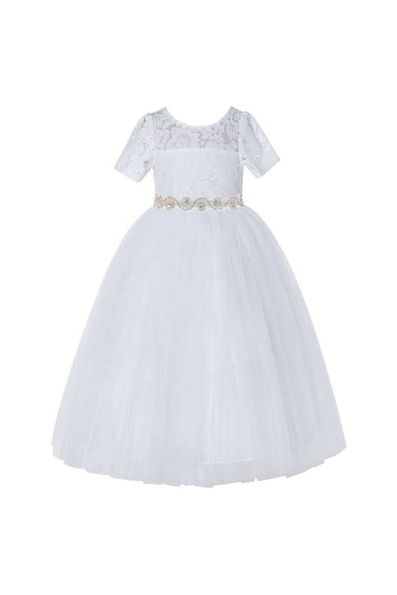Girl Bridesmaid Flower Girl Dress - White Short Sleeves Lace Tulle with Rhinestone Ribbon LG2R2-A (Size: 2-12)