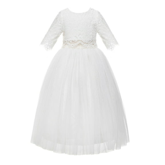 Ekidsbridal Girl Ceremonial Flower Girl Dress - Elbow Sleeve Eyelash Lace Tulle LG5-A (Size: 2-10)