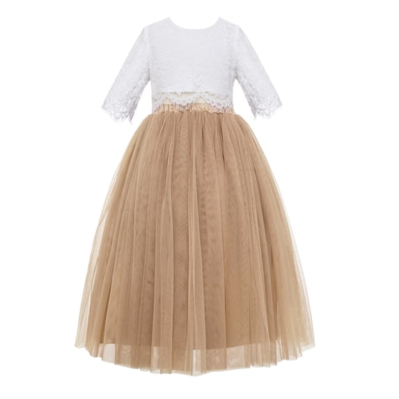 Ekidsbridal Girl Ceremonial Flower Girl Dress - Elbow Sleeve Eyelash Lace Tulle LG5-A (Size: 2-10)