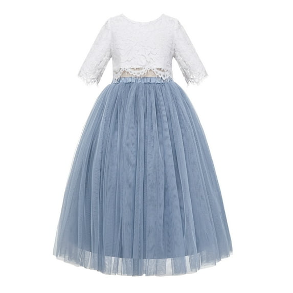 Ekidsbridal Girl Ceremonial Flower Girl Dress - Elbow Sleeve Eyelash Lace Tulle LG5-A (Size: 2-10)