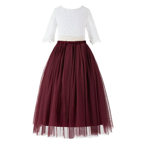 Ekidsbridal Girl Ceremonial Flower Girl Dress - Elbow Sleeve Eyelash Lace Tulle LG5-A (Size: 2-10)
