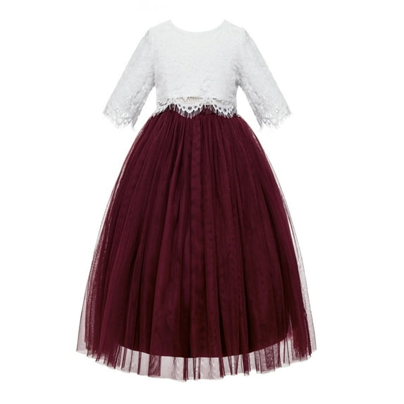 Ekidsbridal Girl Ceremonial Flower Girl Dress - Elbow Sleeve Eyelash Lace Tulle LG5-A (Size: 2-10)
