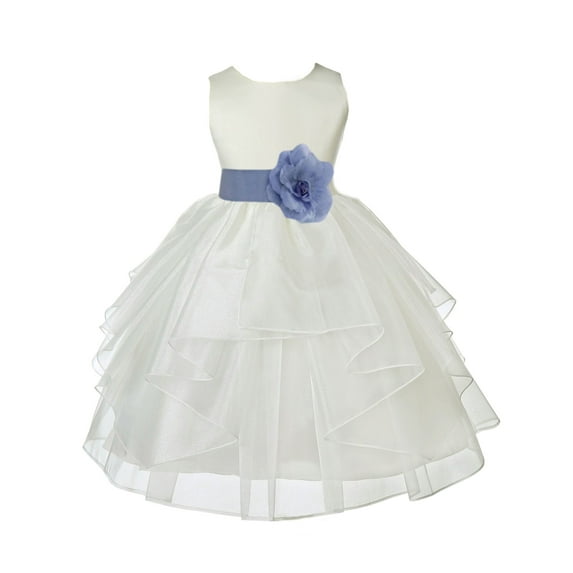Ekidsbridal Girl Ceremonial Flower Girl Dress - Knee Length Ivory Organza with Tiebow 4613T-A (Size: S-12)