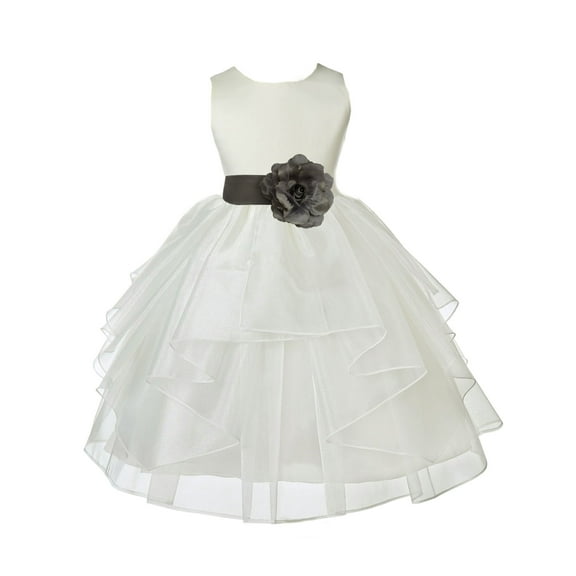 Ekidsbridal Girl Ceremonial Flower Girl Dress - Knee Length Ivory Organza with Tiebow 4613T-A (Size: S-12)