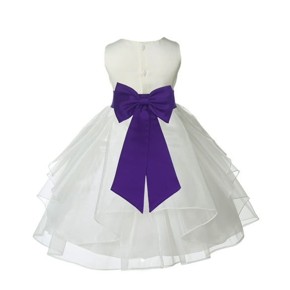Ekidsbridal Girl Ceremonial Flower Girl Dress - Knee Length Ivory Organza with Tiebow 4613T-A (Size: S-12)