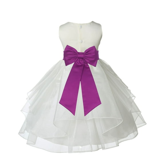 Ekidsbridal Girl Ceremonial Flower Girl Dress - Knee Length Ivory Organza with Tiebow 4613T-A (Size: S-12)