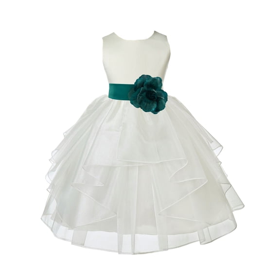 Ekidsbridal Girl Ceremonial Flower Girl Dress - Knee Length Ivory Organza with Tiebow 4613T-A (Size: S-12)