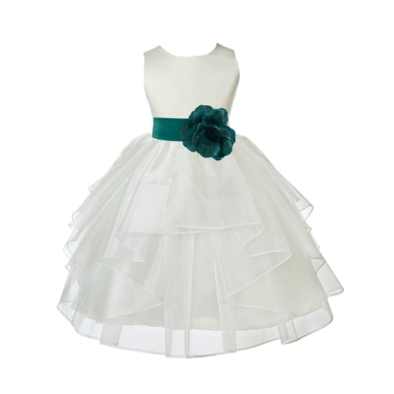 Ekidsbridal Girl Ceremonial Flower Girl Dress - Knee Length Ivory Organza with Tiebow 4613T-A (Size: S-12)