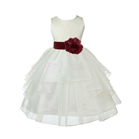 Ekidsbridal Girl Ceremonial Flower Girl Dress - Knee Length Ivory Organza with Tiebow 4613T-A (Size: S-12)