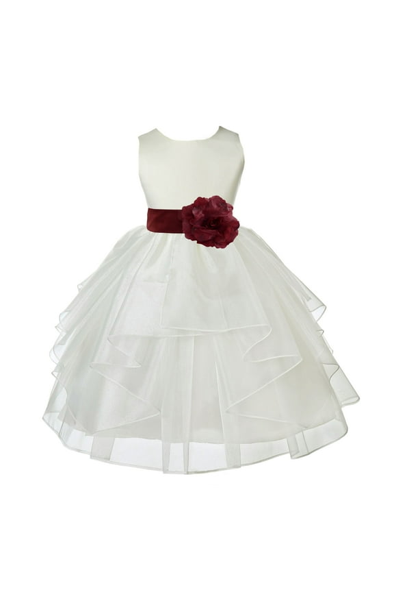 Girl Ceremonial Flower Girl Dress - Knee Length Ivory Organza with Tiebow 4613T-A (Size: S-12)