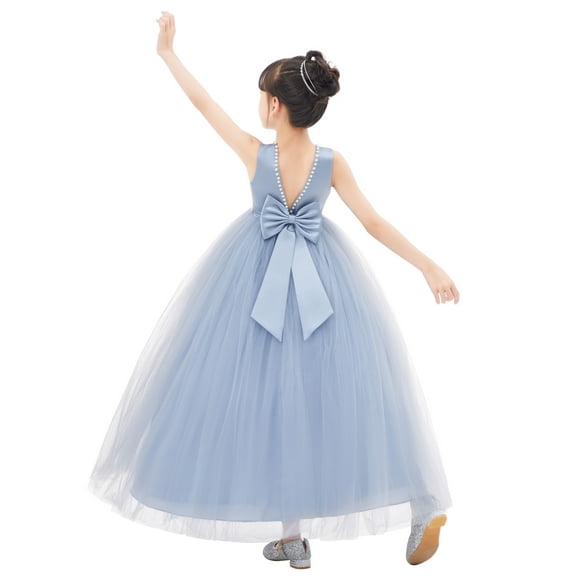 Ekidsbridal Girl Ceremonial Flower Girl Dress - V-Back Satin Tulle with Pearl Beaded Trim 241-A (Size: 2-10)