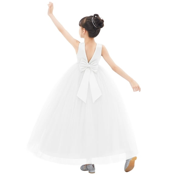 Ekidsbridal Girl Ceremonial Flower Girl Dress - V-Back Satin Tulle with Pearl Beaded Trim 241-A (Size: 2-10)
