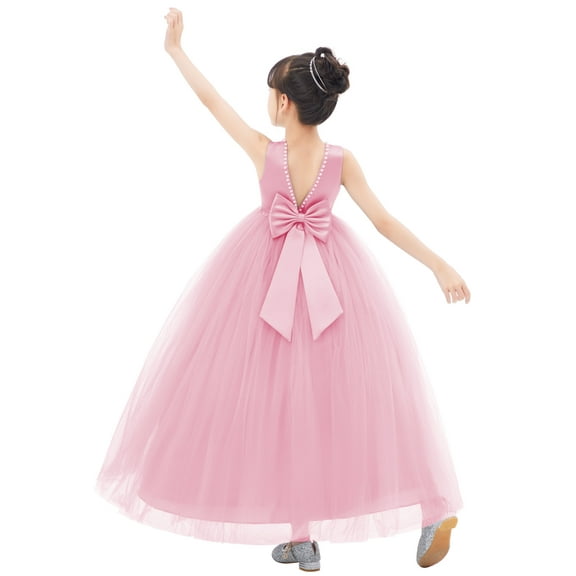 Ekidsbridal Girl Ceremonial Flower Girl Dress - V-Back Satin Tulle with Pearl Beaded Trim 241-A (Size: 2-10)