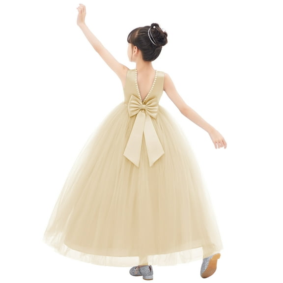 Ekidsbridal Girl Ceremonial Flower Girl Dress - V-Back Satin Tulle with Pearl Beaded Trim 241-A (Size: 2-10)