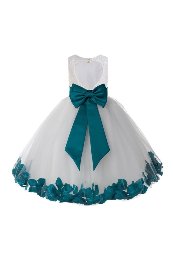 Girl Christening Flower Girl Dress - Ivory Lace Heart Cutout with Petals 185T-A (Size: M-12)