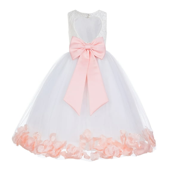 Ekidsbridal Girl Christening Flower Girl Dress - Ivory Lace Heart Cutout with Petals 185T-A (Size: M-12)