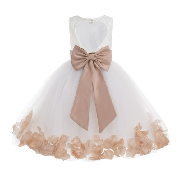 Ekidsbridal Girl Christening Flower Girl Dress - Ivory Lace Heart Cutout with Petals 185T-A (Size: M-12)
