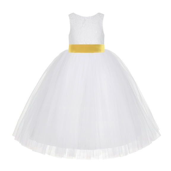 Ekidsbridal Girl Communion Dress - Floral Lace White Tutu with Bow Sash LG7noFT-A (Size: M-10)