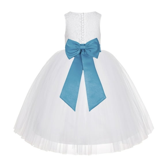 Ekidsbridal Girl Communion Dress - Floral Lace White Tutu with Bow Sash LG7noFT-A (Size: M-10)