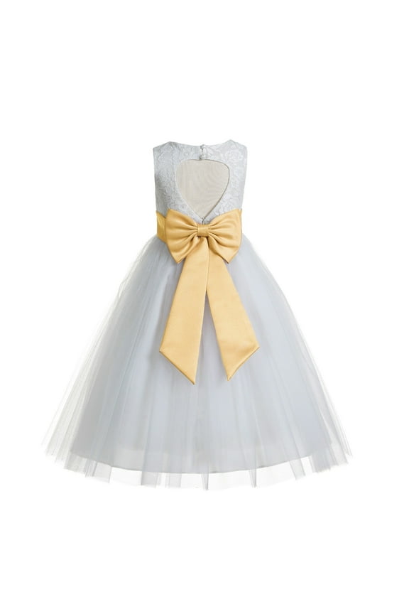 Girl Communion Flower Girl Dress - Floral Lace White Heart Cutout with Tiebow 172T-A (Size: 2-14)