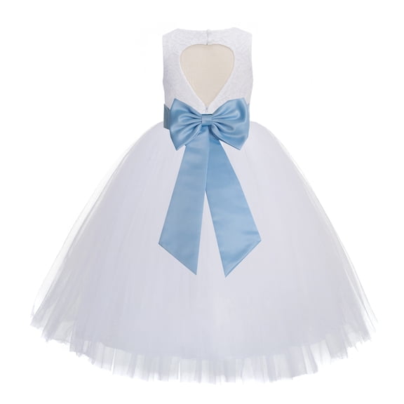 Ekidsbridal Girl Communion Flower Girl Dress - Floral Lace White Heart Cutout with Tiebow 172T-A (Size: 2-14)