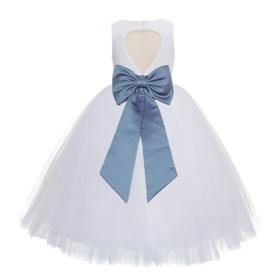 Ekidsbridal Girl Communion Flower Girl Dress - Floral Lace White Heart Cutout with Tiebow 172T-A (Size: 2-14)