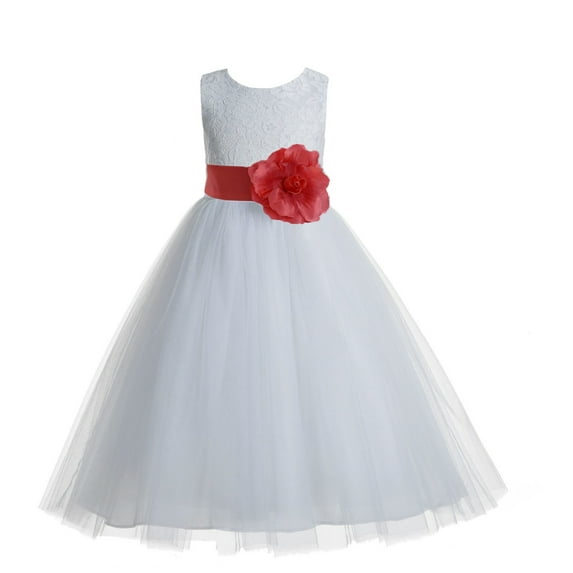 Ekidsbridal Girl Communion Flower Girl Dress - Floral Lace White Heart Cutout with Tiebow 172T-A (Size: 2-14)