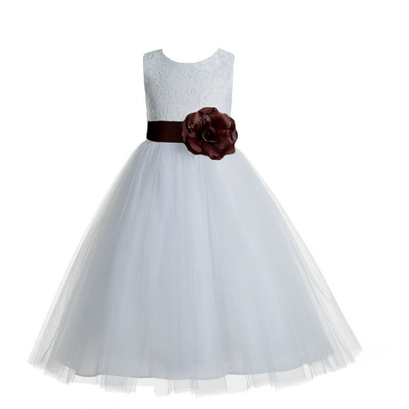 Ekidsbridal Girl Communion Flower Girl Dress - Floral Lace White Heart Cutout with Tiebow 172T-A (Size: 2-14)