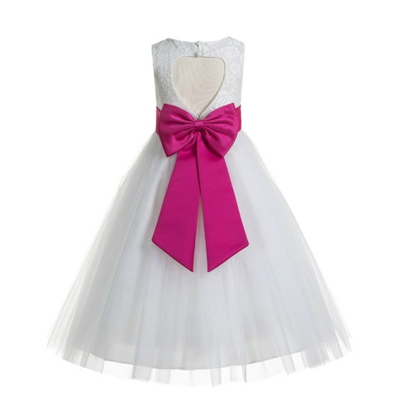 Ekidsbridal Girl Communion Flower Girl Dress - Floral Lace White Heart Cutout with Tiebow 172T-A (Size: 2-14)