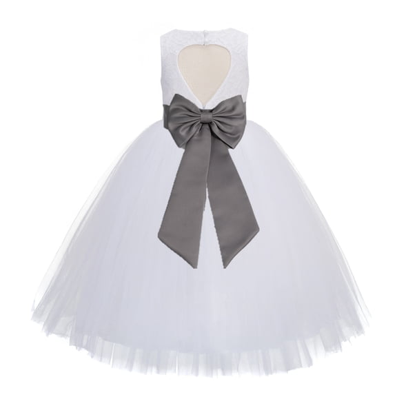 Ekidsbridal Girl Communion Flower Girl Dress - Floral Lace White Heart Cutout with Tiebow 172T-A (Size: 2-14)
