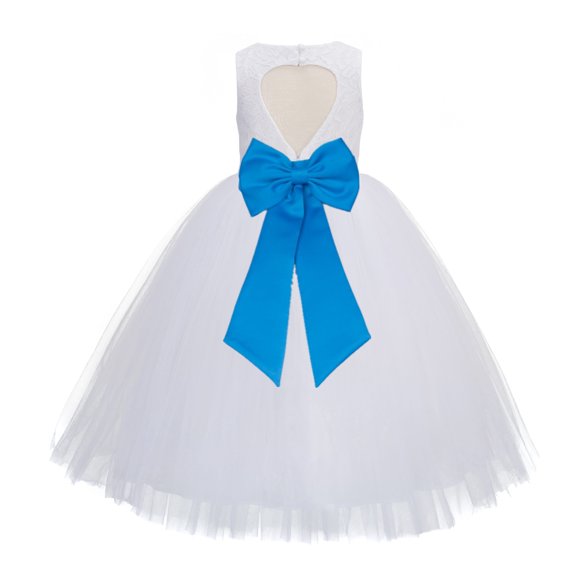 Ekidsbridal Girl Communion Flower Girl Dress - Floral Lace White Heart Cutout with Tiebow 172T-A (Size: 2-14)