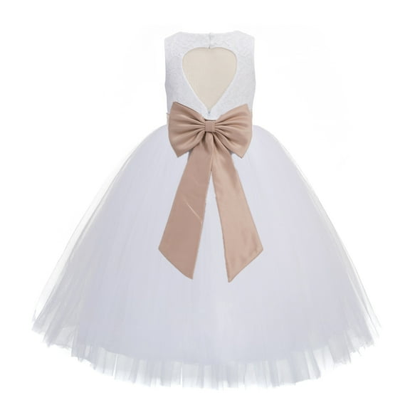 Ekidsbridal Girl Communion Flower Girl Dress - Floral Lace White Heart Cutout with Tiebow 172T-A (Size: 2-14)