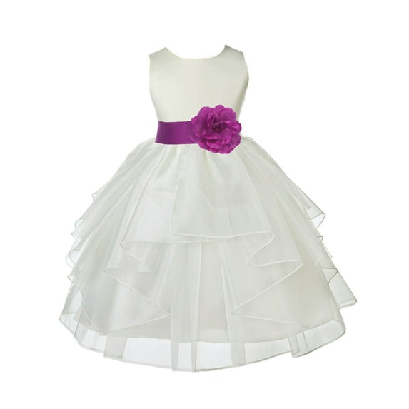 Ekidsbridal Girl Communion Flower Girl Dress - Ivory Tiered Organza Knee Length 4613S-A (Size: S-12)