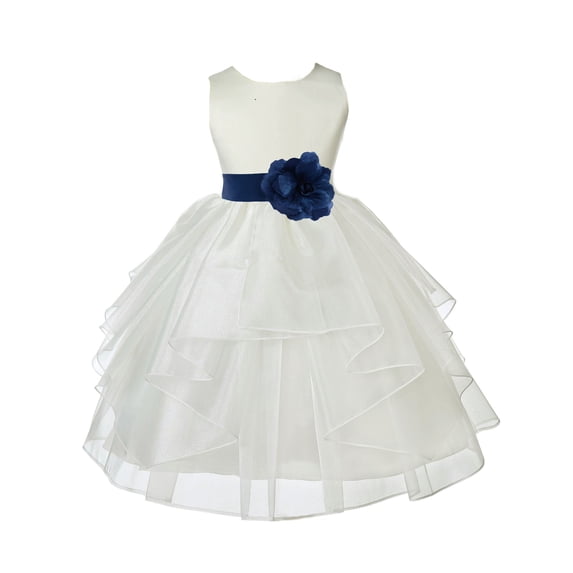 Ekidsbridal Girl Communion Flower Girl Dress - Ivory Tiered Organza Knee Length 4613S-A (Size: S-12)