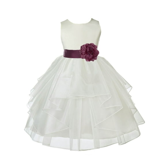 Ekidsbridal Girl Communion Flower Girl Dress - Ivory Tiered Organza Knee Length 4613S-A (Size: S-12)