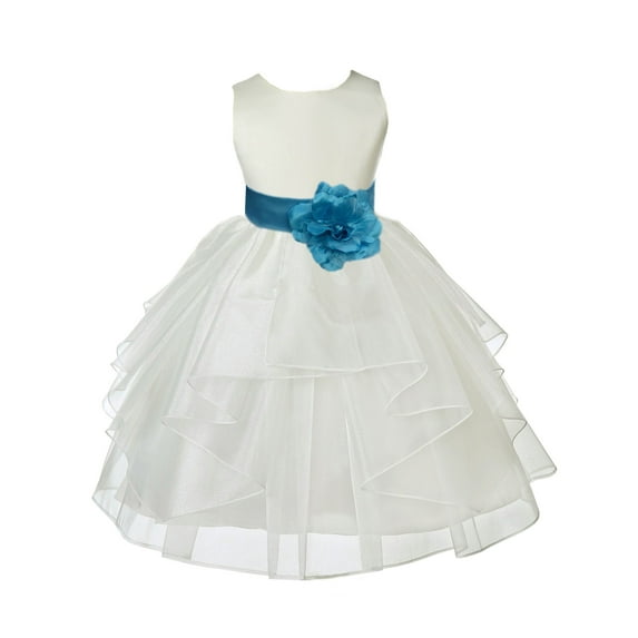Ekidsbridal Girl Communion Flower Girl Dress - Ivory Tiered Organza Knee Length 4613S-A (Size: S-12)