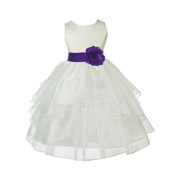 Ekidsbridal Girl Communion Flower Girl Dress - Ivory Tiered Organza Knee Length 4613S-A (Size: S-12)