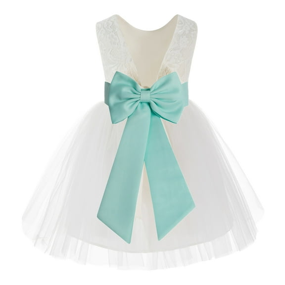 Ekidsbridal Girl Communion Flower Girl Dress - Knee Length Backless Ivory Lace Dress with Tiebow 206T-A (Size: S-10)