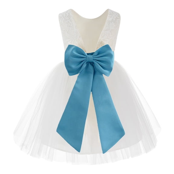 Ekidsbridal Girl Communion Flower Girl Dress - Knee Length Backless Ivory Lace Dress with Tiebow 206T-A (Size: S-10)